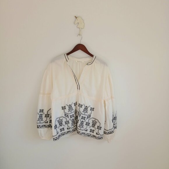 Solitaire by Ravi- Boho Chic Blouse Shirt- Size Medium- White/Black- 100% Cotton - Picture 2 of 10